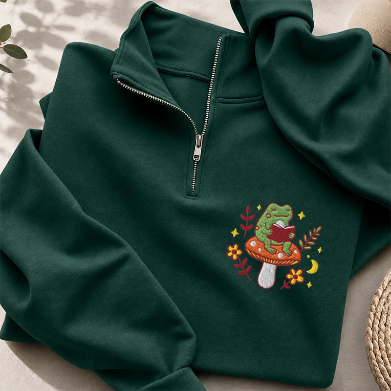 Embroidered Bookish Frog Classic Quarter Zip Sweatshirt