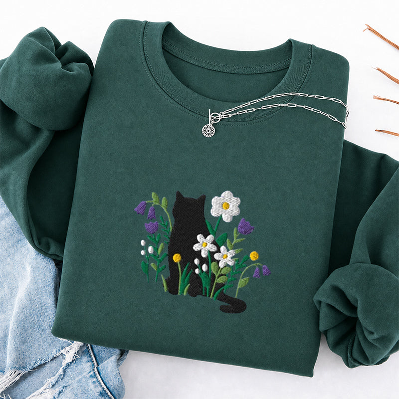 Embroidered Cottagecore Cat Classic Crewneck Sweatshirt