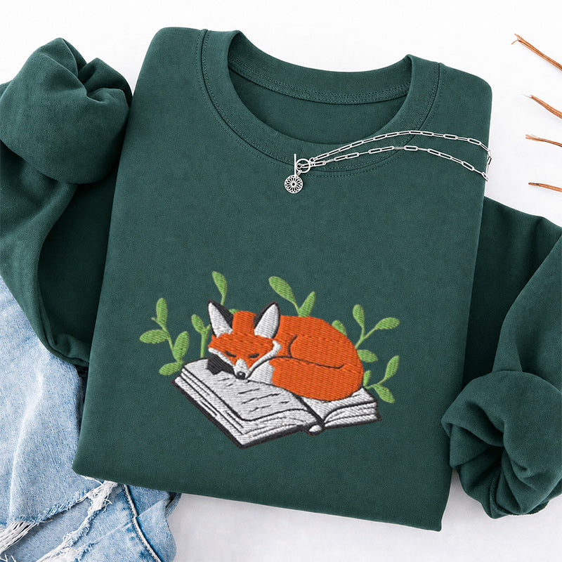 Embroidered Sleeping Fox On The Book Classic Crewneck Sweatshirt