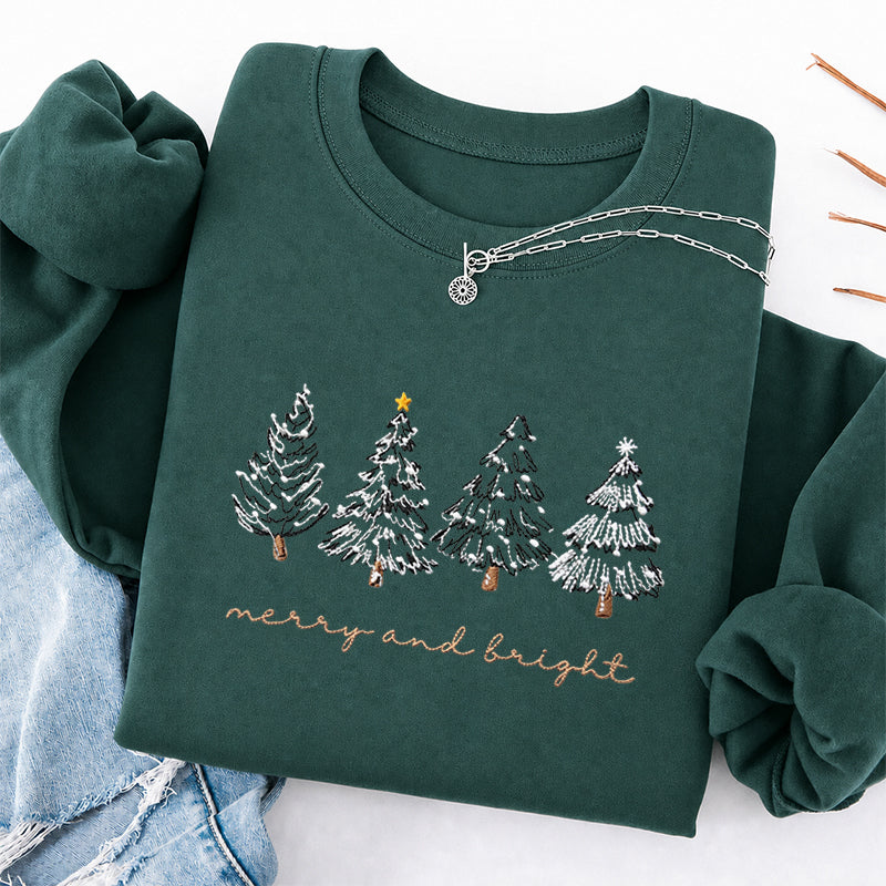Embroidered Merry & Bright Christmas Tree Classic Crewneck Sweatshirt
