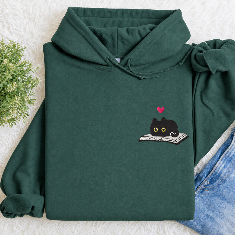 Embroidered Black Cat and Book Classic Adult Unisex Hoodie