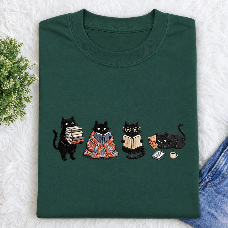 Embroidered Bookish Black Cats Classic Crew Neck T-Shirt