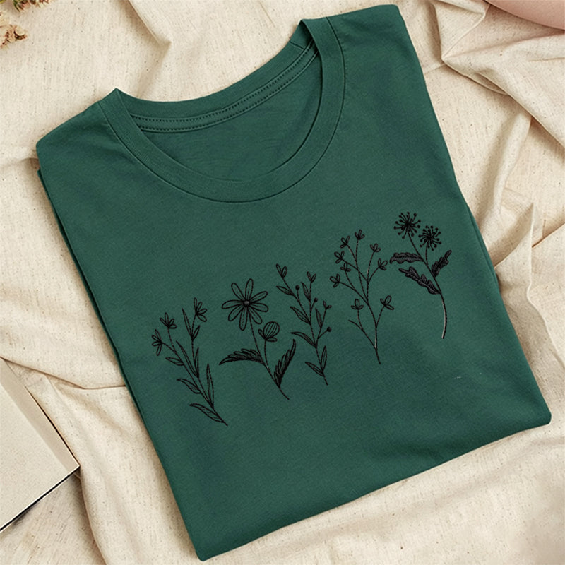 Embroidered Flower Lines Classic Adult Unisex Crew Neck T-Shirt