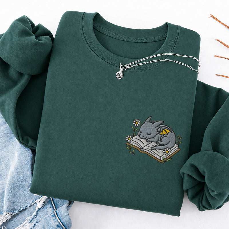 Embroidered Sleeping Dragon Book Classic Crewneck Sweatshirt