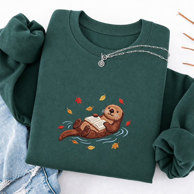 Embroidered Otter Reading Book Classic Crewneck Sweatshirt