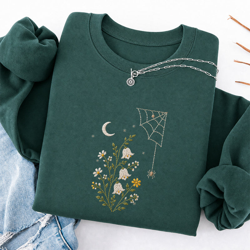 Embroidered Floral Spider Web Classic Crewneck Sweatshirt