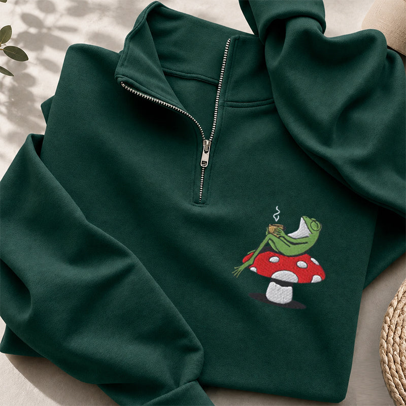 Embroidered Frog Coffee Time Classic Quarter Zip Sweatshirt