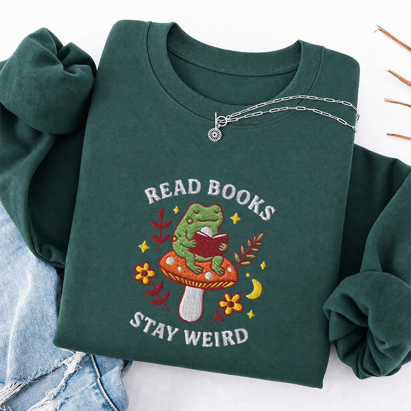 Embroidered Read Books Stay Weird Reading Frog Classic Crewneck Sweatshirt