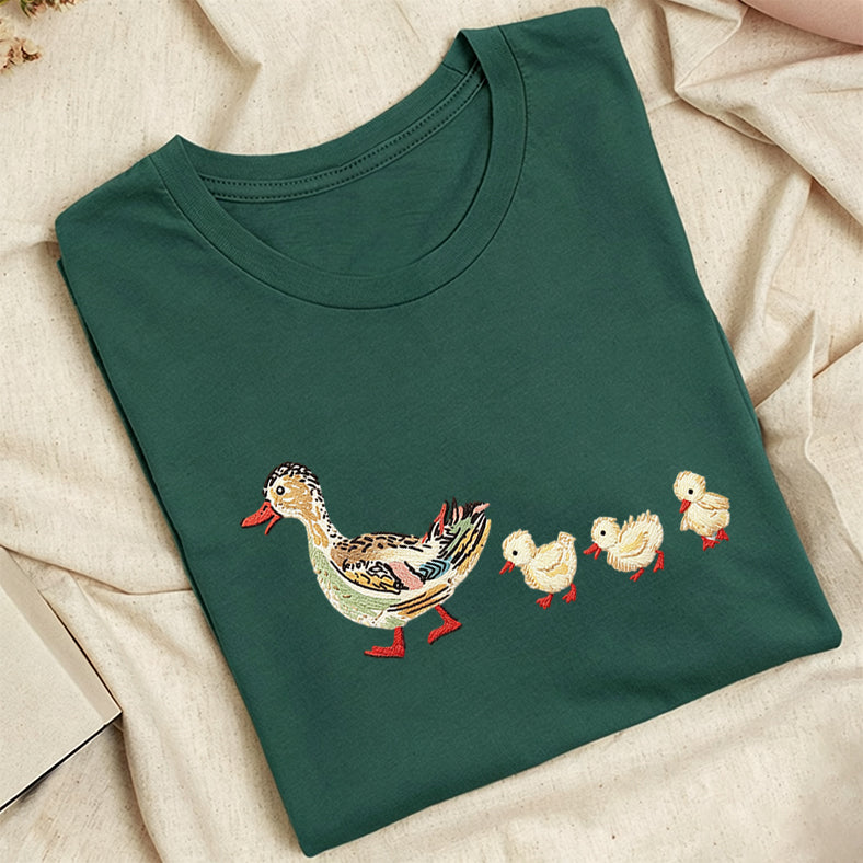 Embroidered Art Mama Duck & Ducklings Classic Adult Unisex Crew Neck T-Shirt