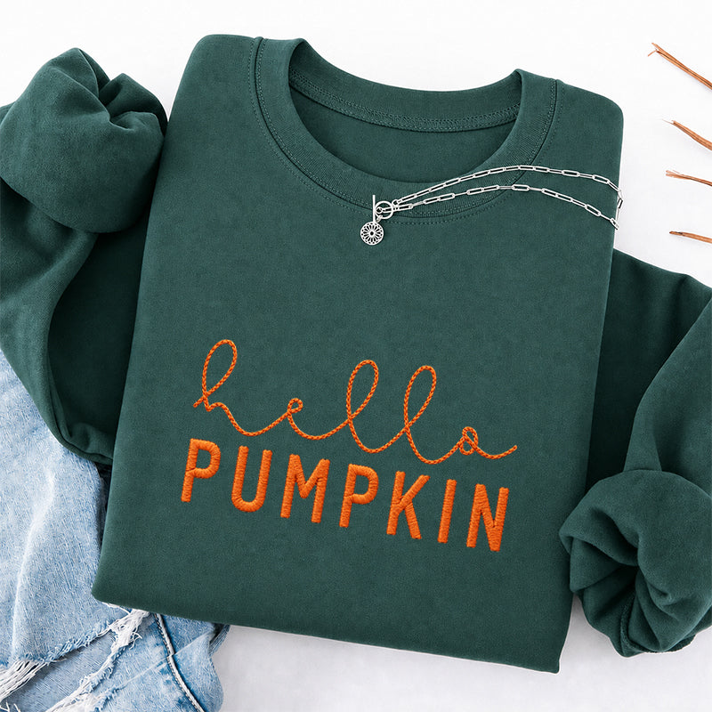 Embroidered Hello Pumpkin Classic Crewneck Sweatshirt