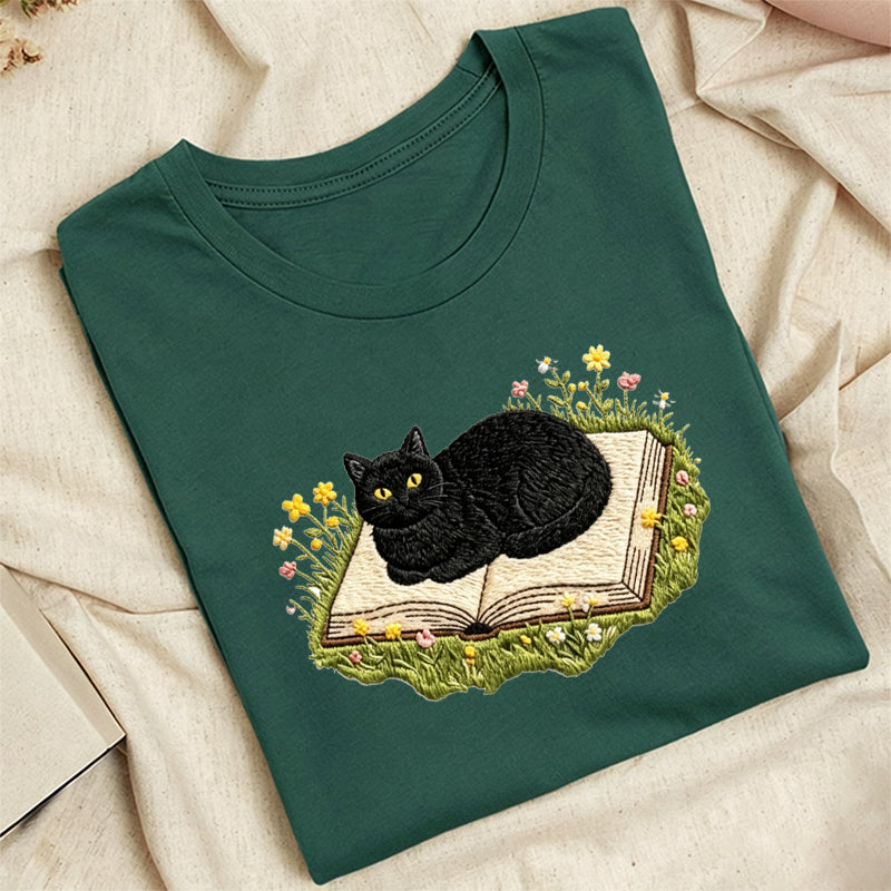 Embroidered Black Cat Book Classic Adult Unisex Crew Neck T-Shirt