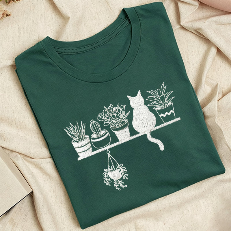 Embroidered Cats And Plants Classic Adult Unisex Crew Neck T-Shirt