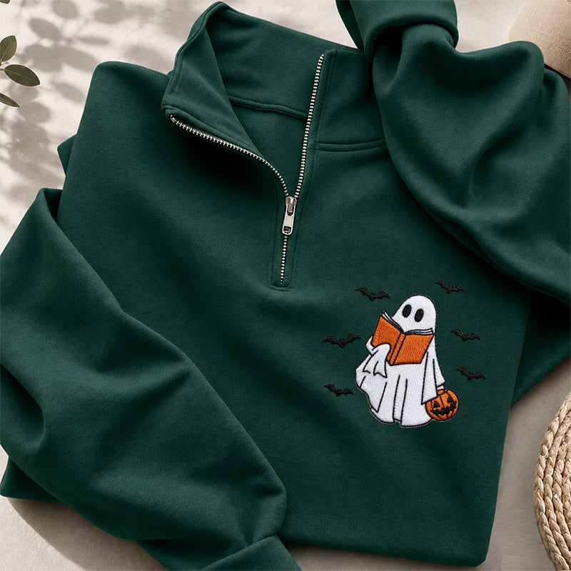 Embroidered Halloween Reading Ghost Classic Quarter Zip Sweatshirt