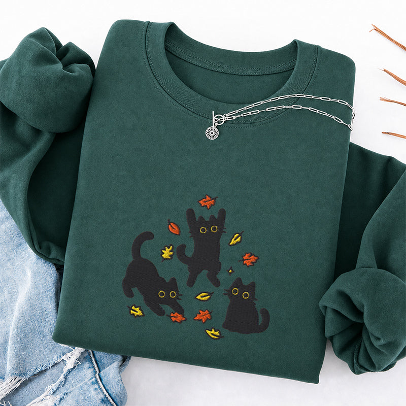 Embroidered Black Cats Fall Leaves Classic Crewneck Sweatshirt