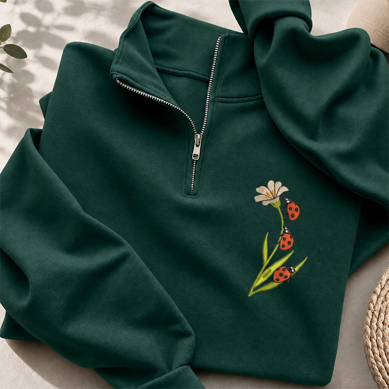 Embroidered Ladybug & Daisy Classic Quarter Zip Sweatshirt