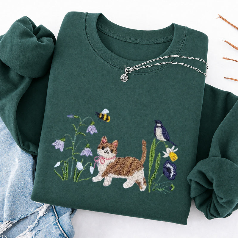 Embroidered Cat Wildflower Classic Crewneck Sweatshirt