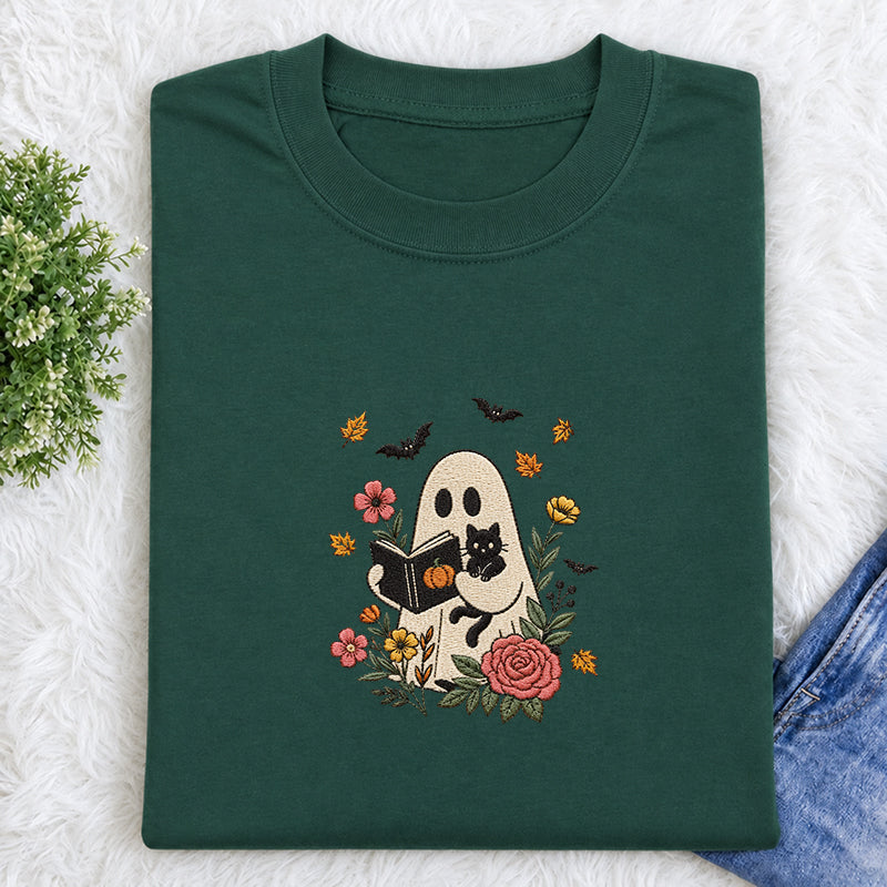 Embroidered Floral Ghost Reading Classic Crew Neck T-Shirt
