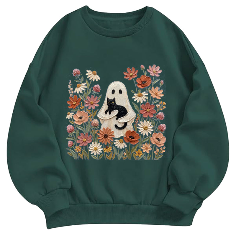 Ghost with Black Cat Floral Classic Adult Unisex Crewneck Sweatshirts