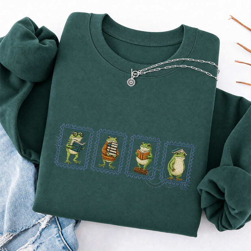 Embroidered Bookish Frog Stamp Classic Crewneck Sweatshirt