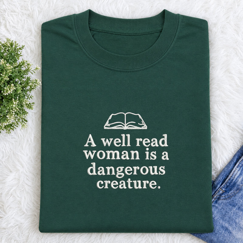 Embroidered A Well Read Woman Classic Crew Neck T-Shirt