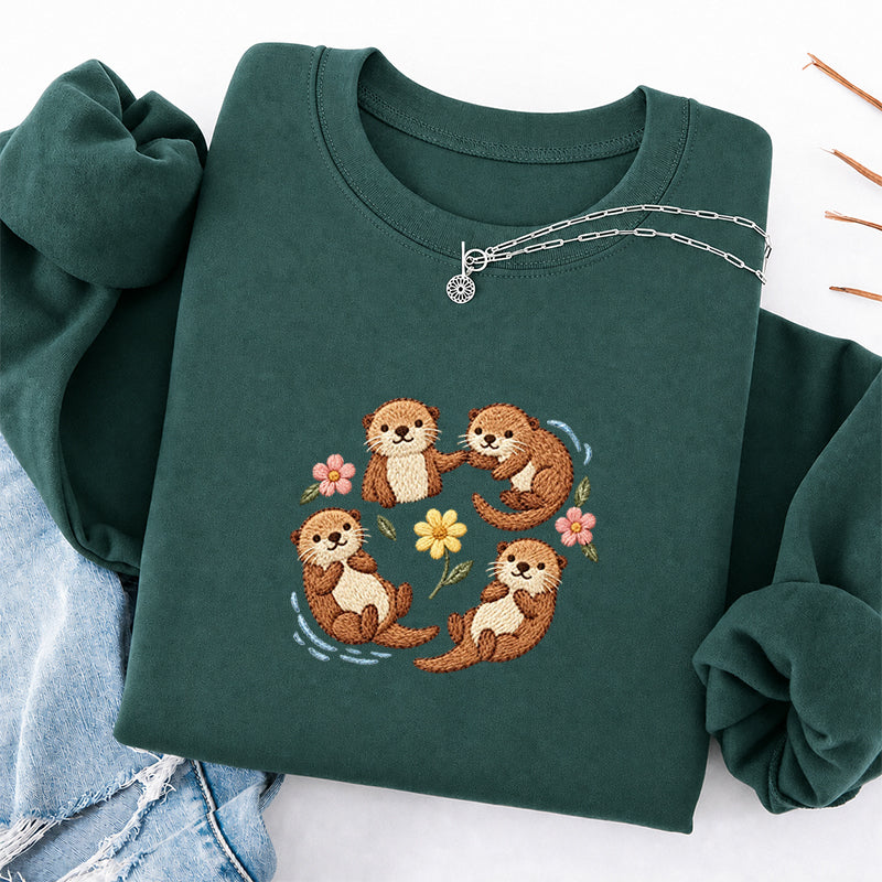 Embroidered Sea Otters And Flowers Classic Crewneck Sweatshirt