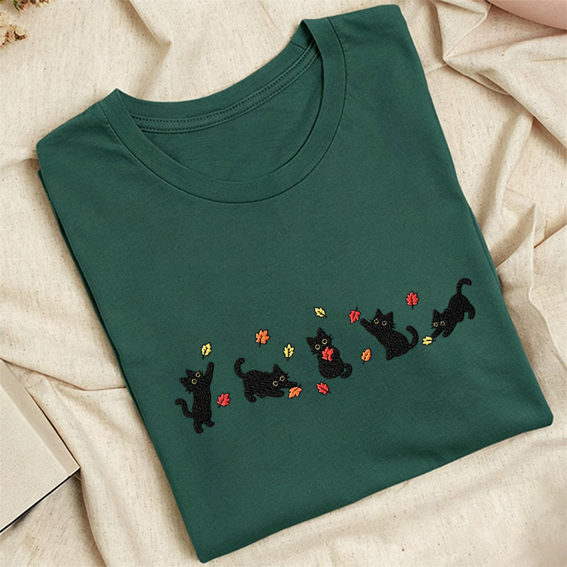 Embroidered Autumn Leaves Black Cats Classic Adult Unisex Crew Neck T-Shirt