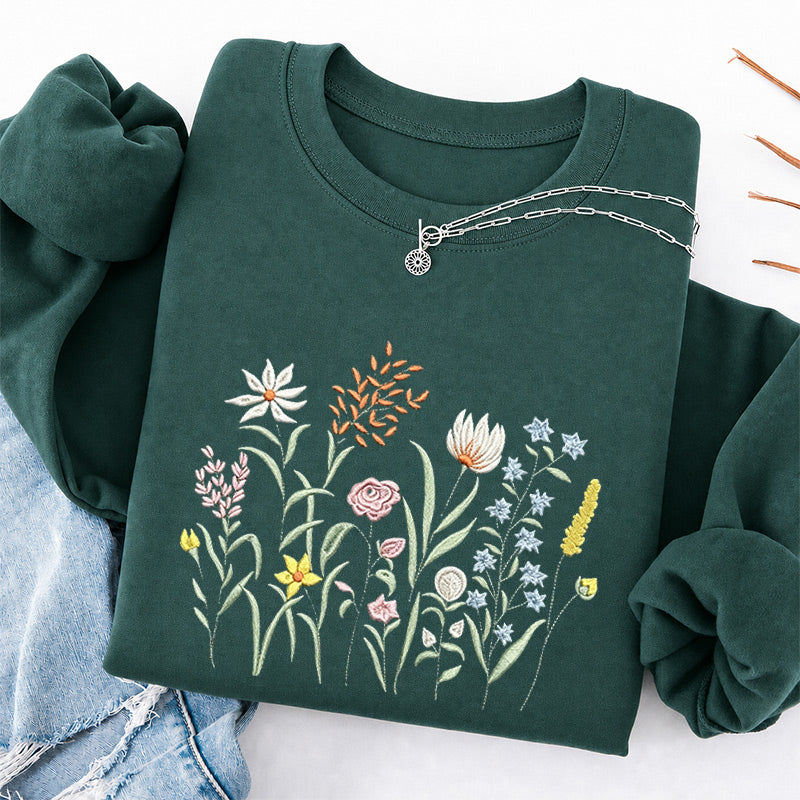 Embroidered Cute Wildflowers Classic Crewneck Sweatshirt