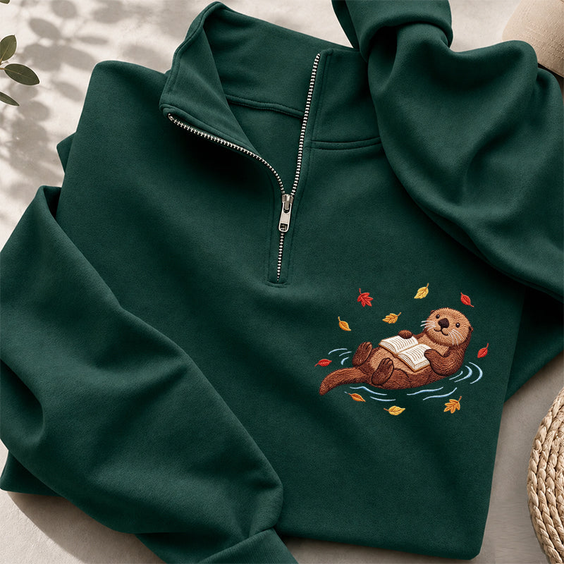 Embroidered Otter Reading Book Classic Quarter Zip Sweatshirt