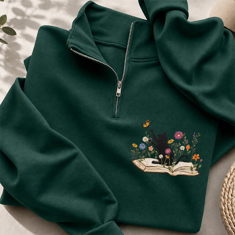 Embroidered Floral Book Cat Classic Quarter Zip Sweatshirt