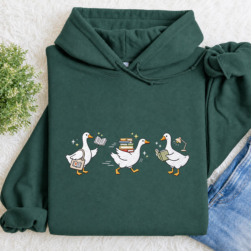 Embroidered Goose Reading Books Classic Adult Unisex Hoodie