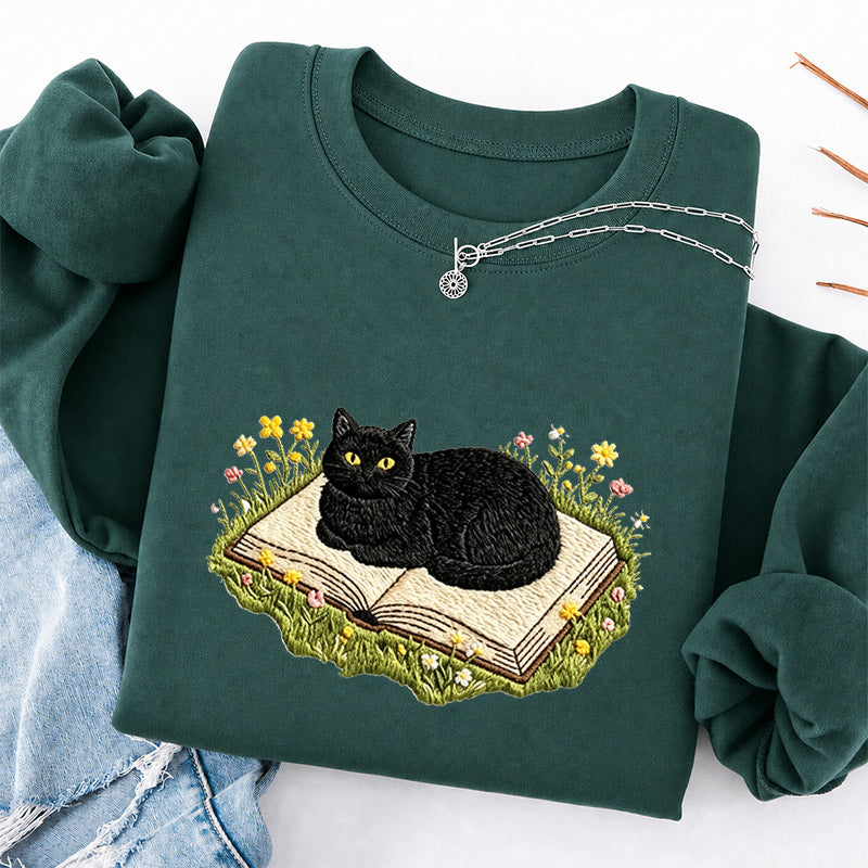 Embroidered Black Cat Book Classic Crewneck Sweatshirt