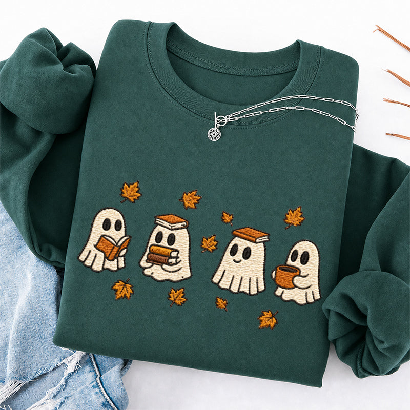 Embroidered Autumn Bookish Ghost Crewneck Sweatshirt
