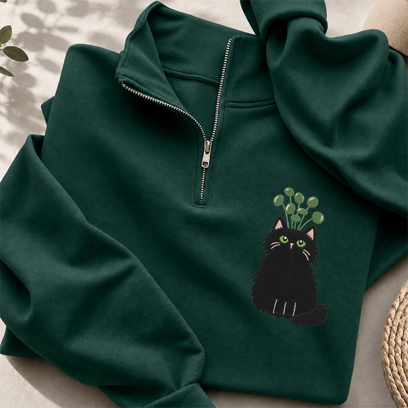 Embroidered Plant Black Cat Classic Quarter Zip Sweatshirt
