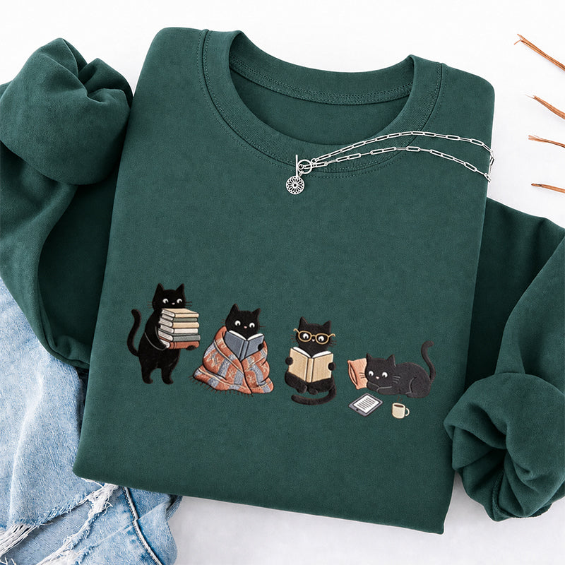 Embroidered Bookish Black Cats Classic Crewneck Sweatshirt
