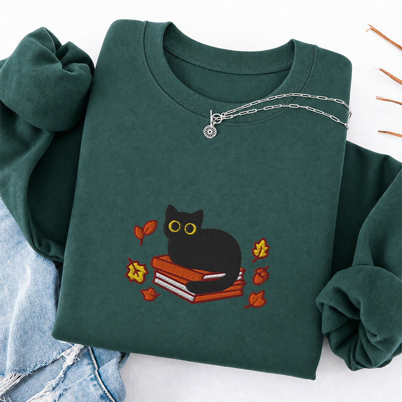 Embroidered Autumn Black Cat Book Classic Crewneck Sweatshirt