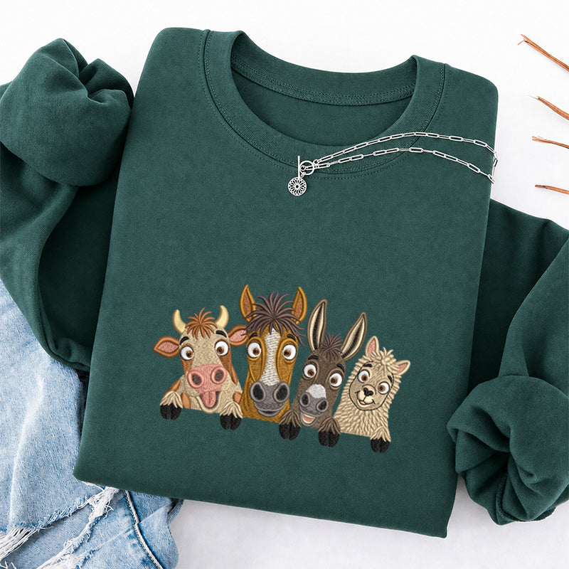 Embroidered Peeking Farm Animals Classic Crewneck Sweatshirt