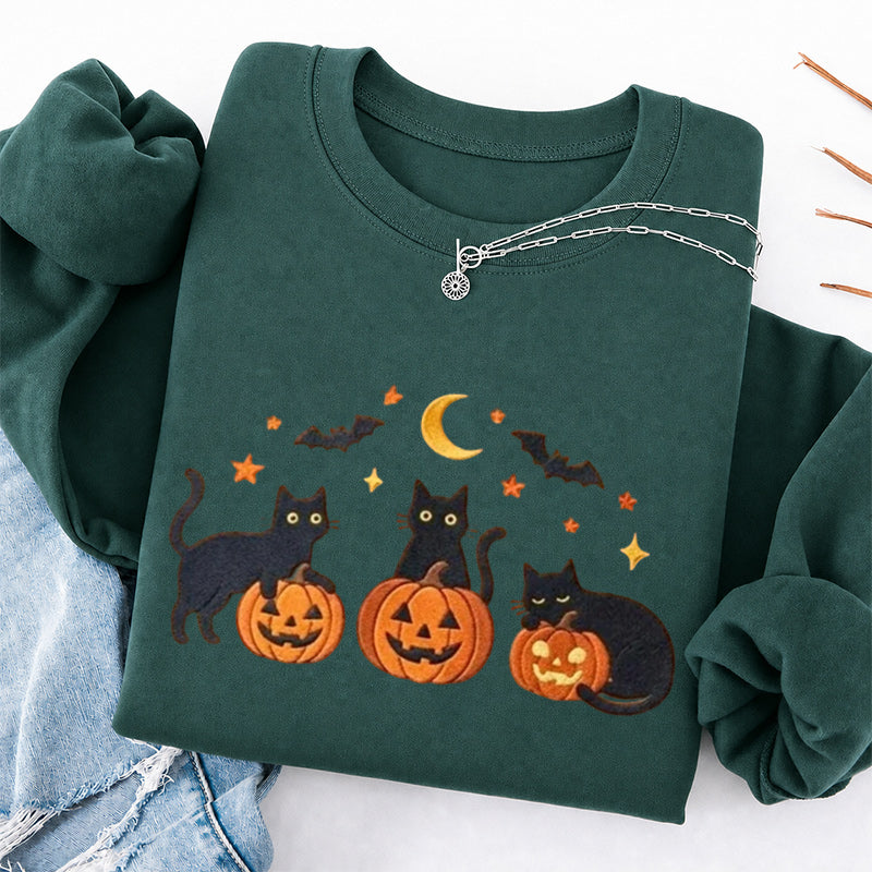 Embroidered Black Cats and Pumpkin Halloween Classic Crewneck Sweatshirts