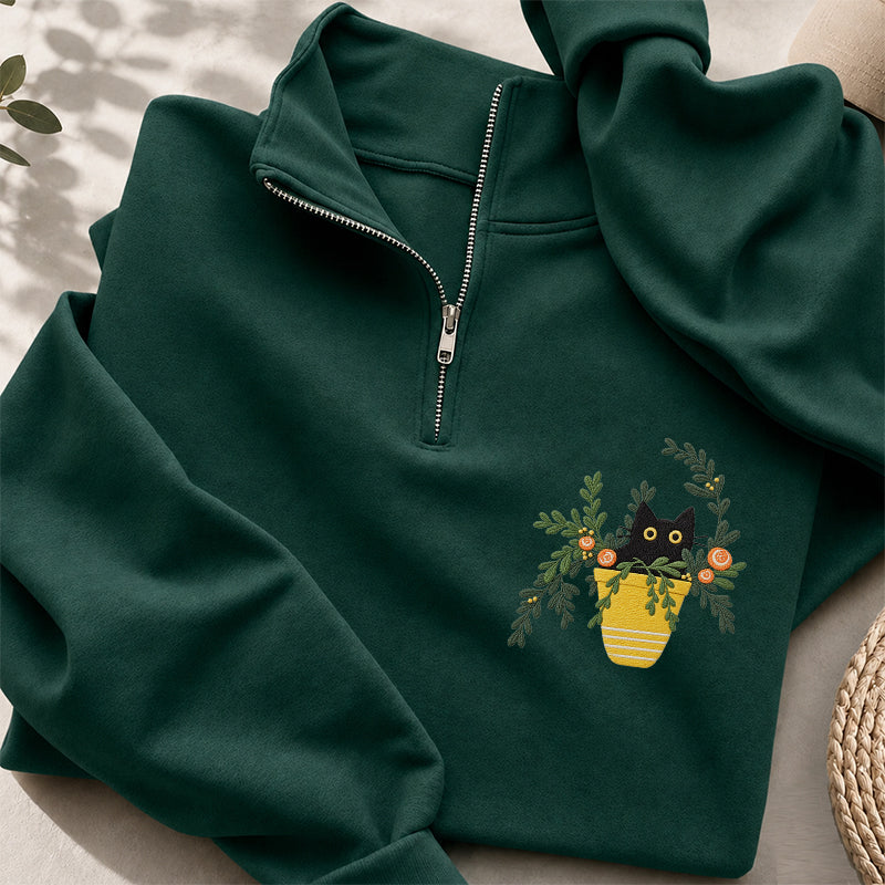 Embroidered Black Cat Flowerpot Classic Quarter Zip Sweatshirt