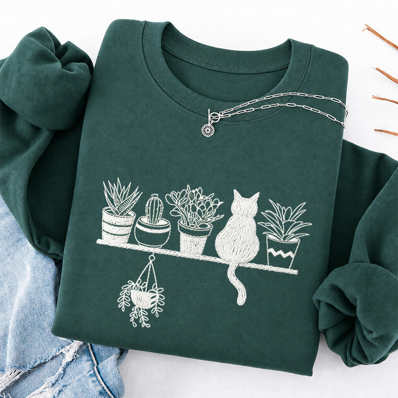 Embroidered Cats And Plants Classic Crewneck Sweatshirt