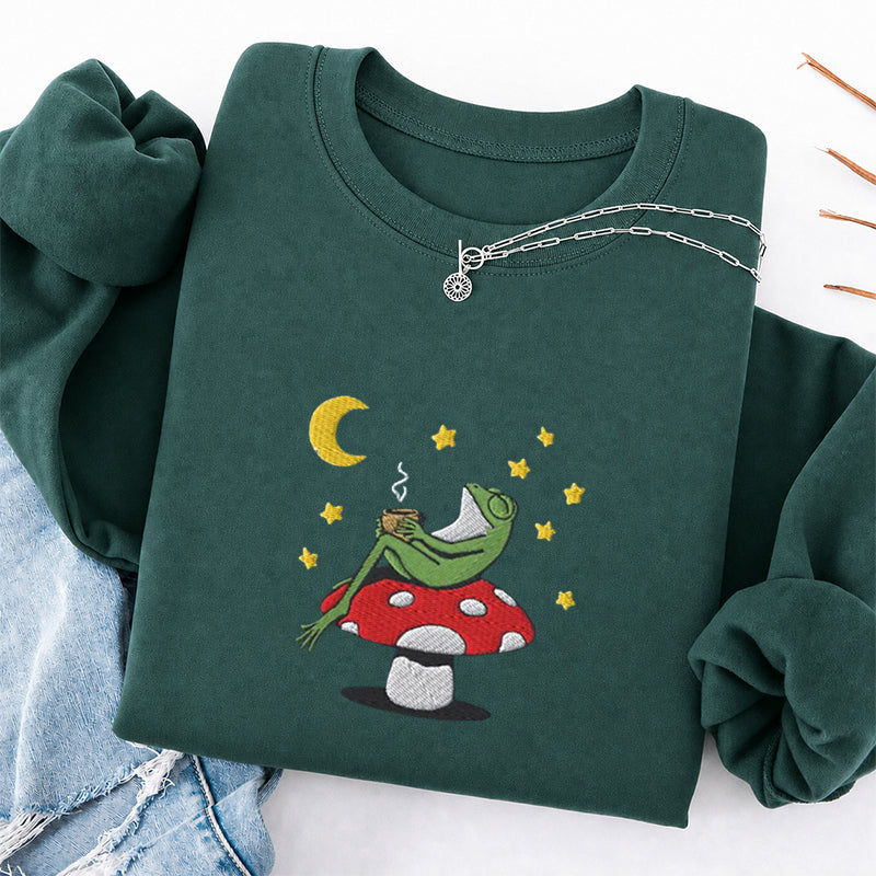 Embroidered Frog Night With Coffee Classic Crewneck Sweatshirt