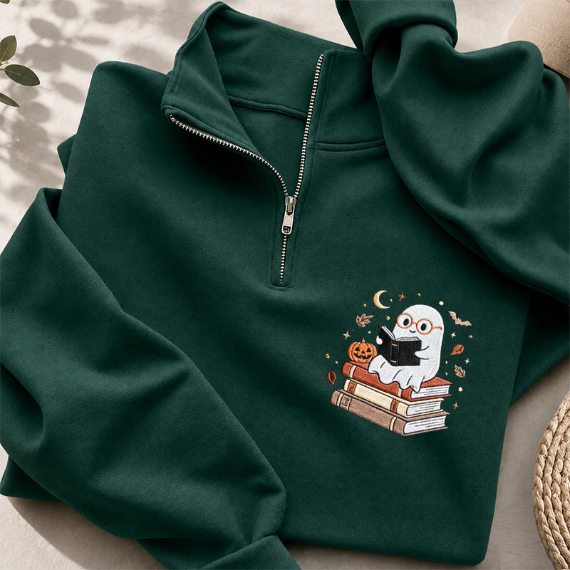 Embroidered Bookish Ghost Classic Quarter Zip Sweatshirt