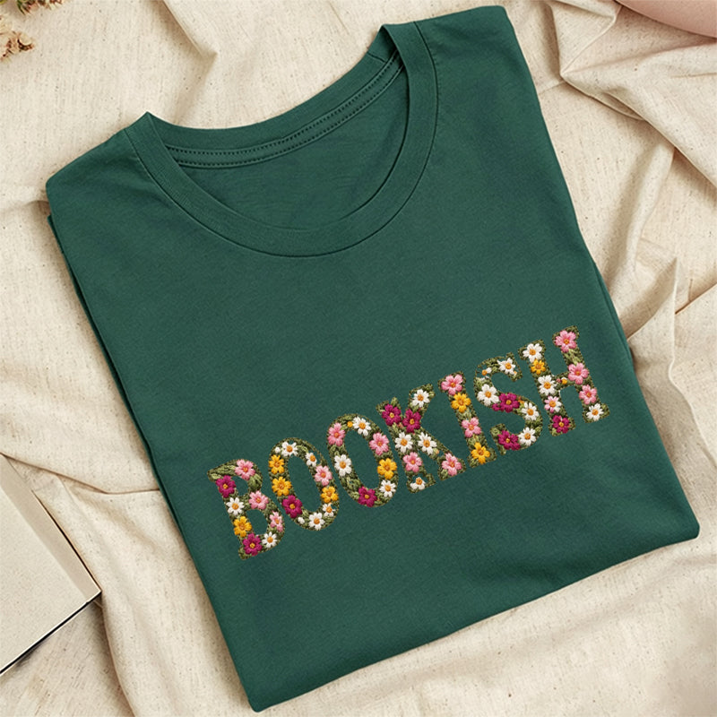 Embroidered Floral Bookish Classic Adult Unisex Crew Neck T-Shirt