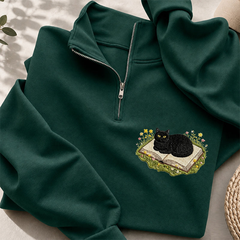 Embroidered Black Cat Book Classic Quarter Zip Sweatshirt