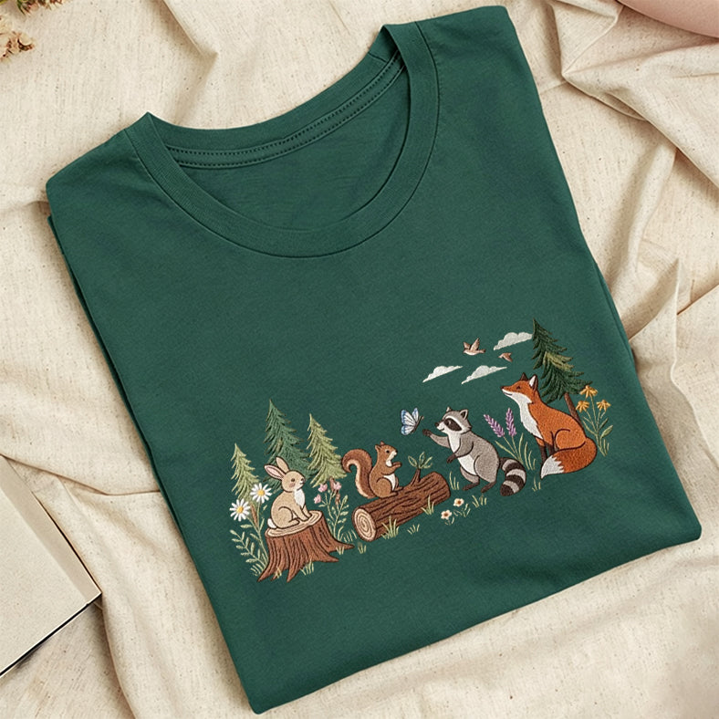 Embroidered Woodland Animals Classic Adult Unisex Crew Neck T-Shirt