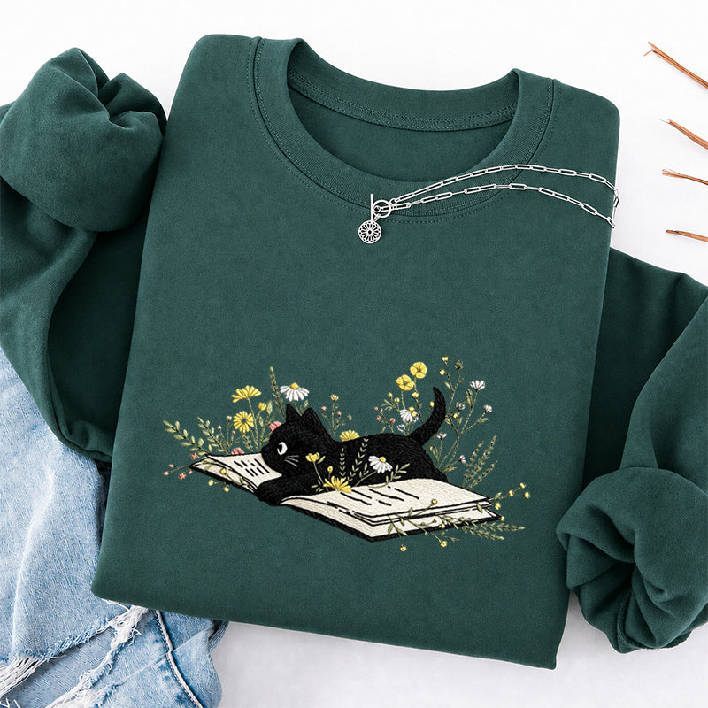 Embroidered Floral Book Cat Classic Crewneck Sweatshirt