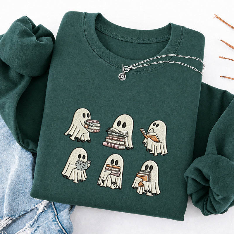 Embroidered Halloween Ghost Reading Classic Crewneck Sweatshirt