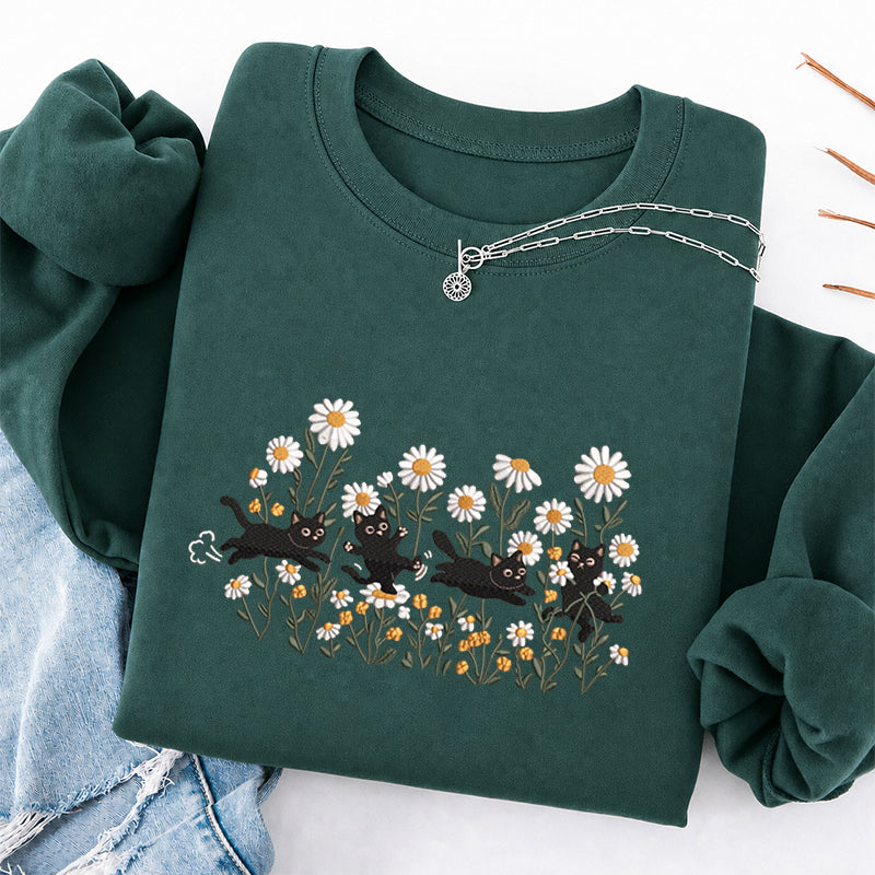Embroidered Garden Playing Cats Daisy Classic Crewneck Sweatshirt