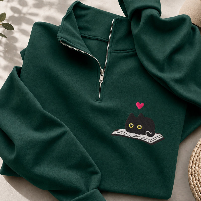 Embroidered Black Cat and Book Classic Quarter Zip Sweatshirt