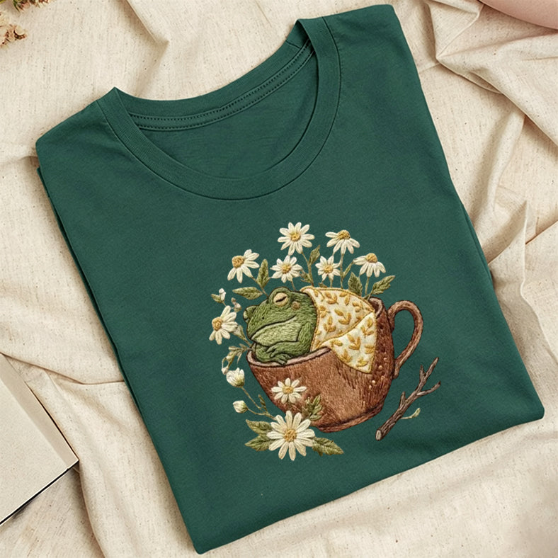 Embroidered Frog in Teacup Classic Adult Unisex Crew Neck T-Shirt