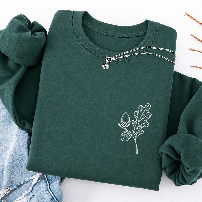 Embroidered Acorns And Leaves Classic Crewneck Sweatshirt